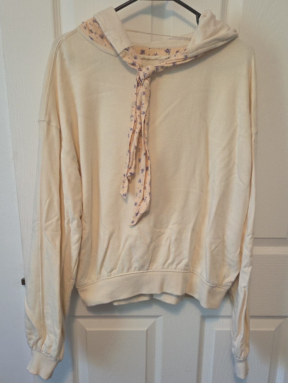 Free People Cream Hooded Crewneck Sweater with Floral Drawstrings.